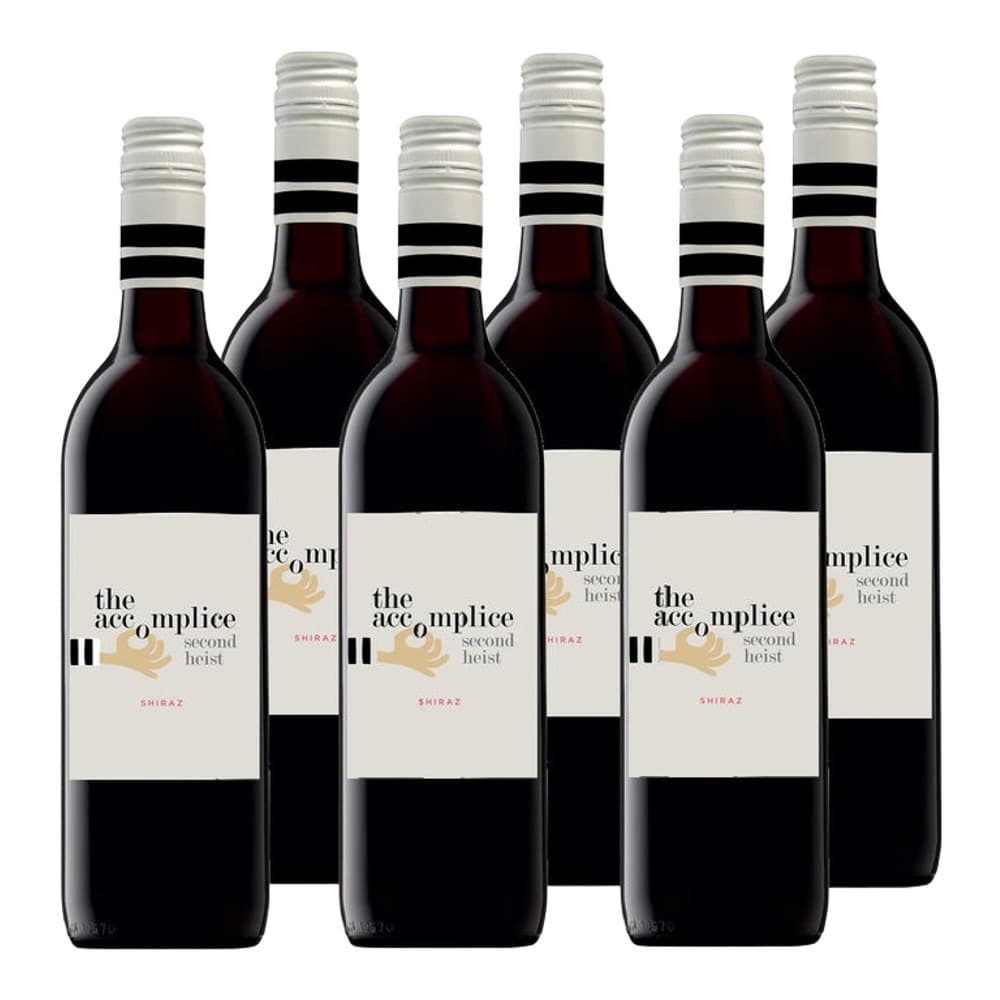 Six bottles of The Accomplice Second Heist Shiraz red wine arranged in two rows against a white background, featuring black and white striped capsules and cream-coloured labels with gold hand illustrations.