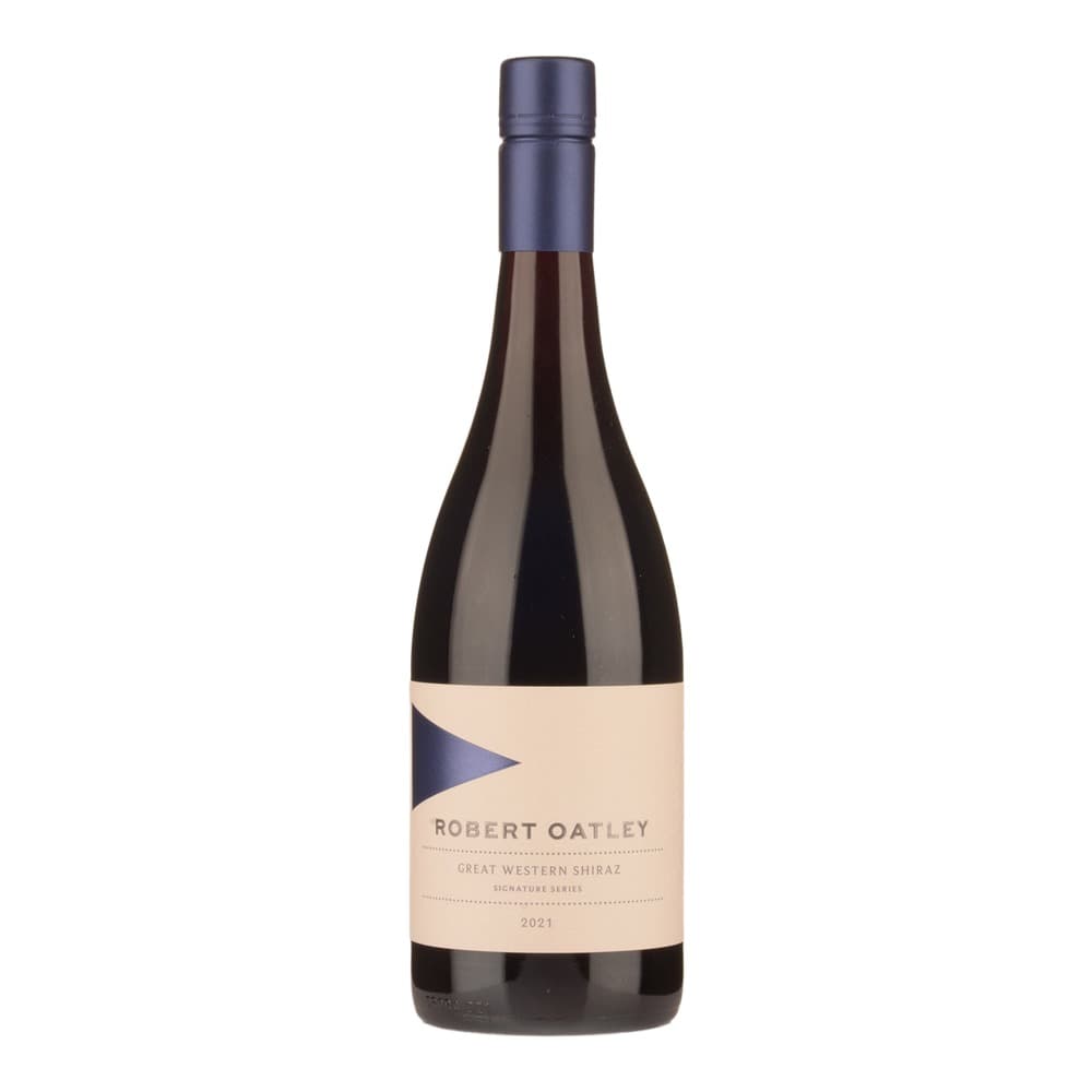 A bottle of Robert Oatley Great Western Shiraz 2021 red wine with a dark purple cap and cream-coloured label featuring a blue geometric design, photographed against a white background.