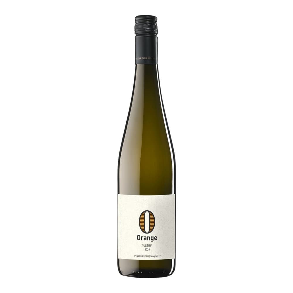 A bottle of Orange wine from Winzer Krems, Austria, vintage 2020, displayed against a white background with a black screw cap and cream-coloured label featuring an orange-striped 'O' logo.