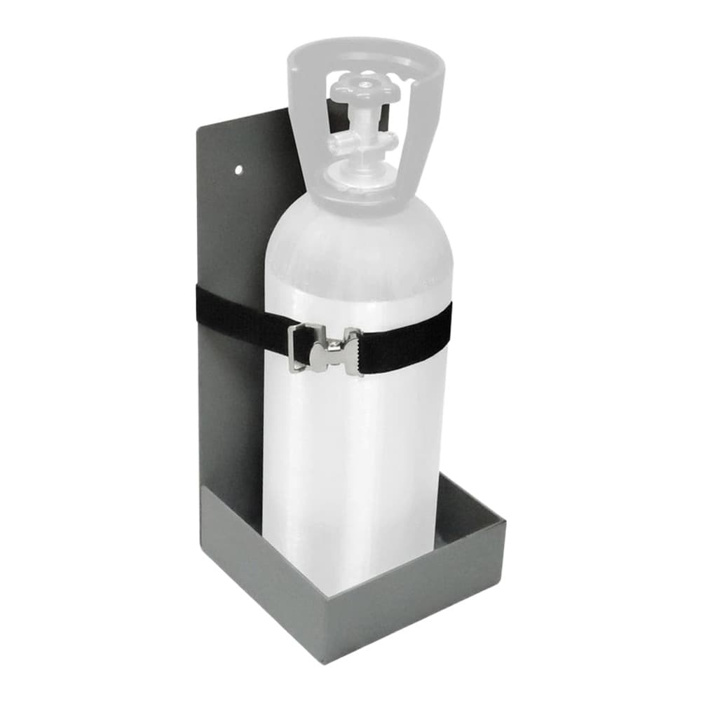 White compressed gas cylinder with black safety harness and grey support stand against a white background.