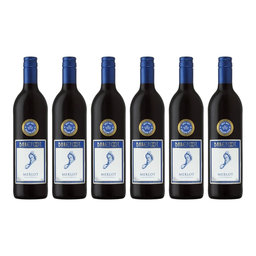 Six bottles of Barefoot Merlot wine with blue caps and white labels on a plain white background