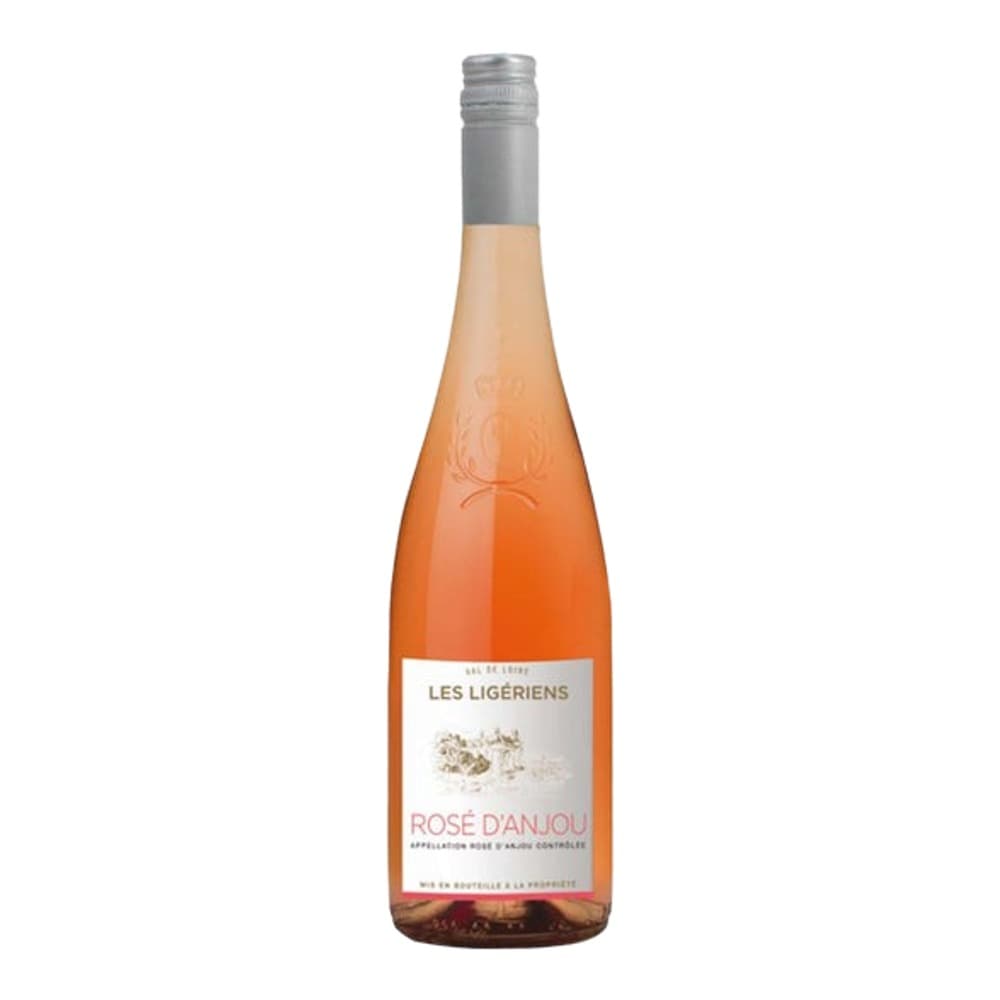 A bottle of Les Ligériens Rosé d'Anjou wine with a silver cap and white label against a plain white background.