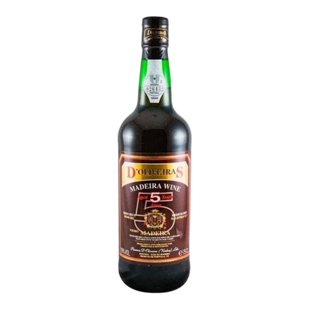 A bottle of D'Oliveiras Madeira Wine with a dark wine-coloured label, displayed against a white background.