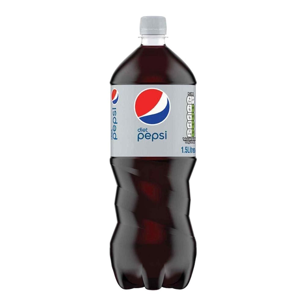A 1.5 litre bottle of Diet Pepsi with silver cap and white label featuring the Pepsi logo on a plain white background.