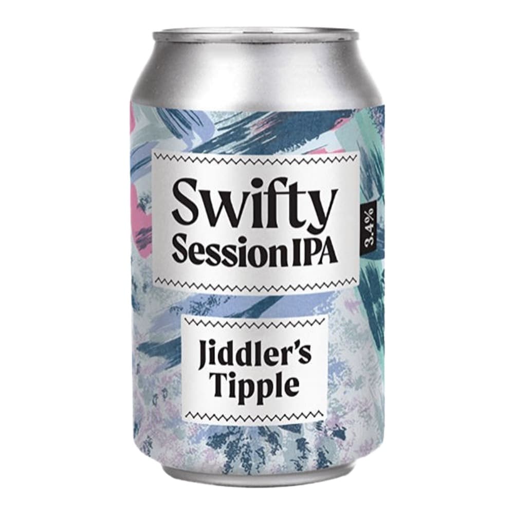 A silver aluminium beer can with colorful artistic label design featuring the text 'Swifty Session IPA' and 'Jiddler's Tipple' on a white background.