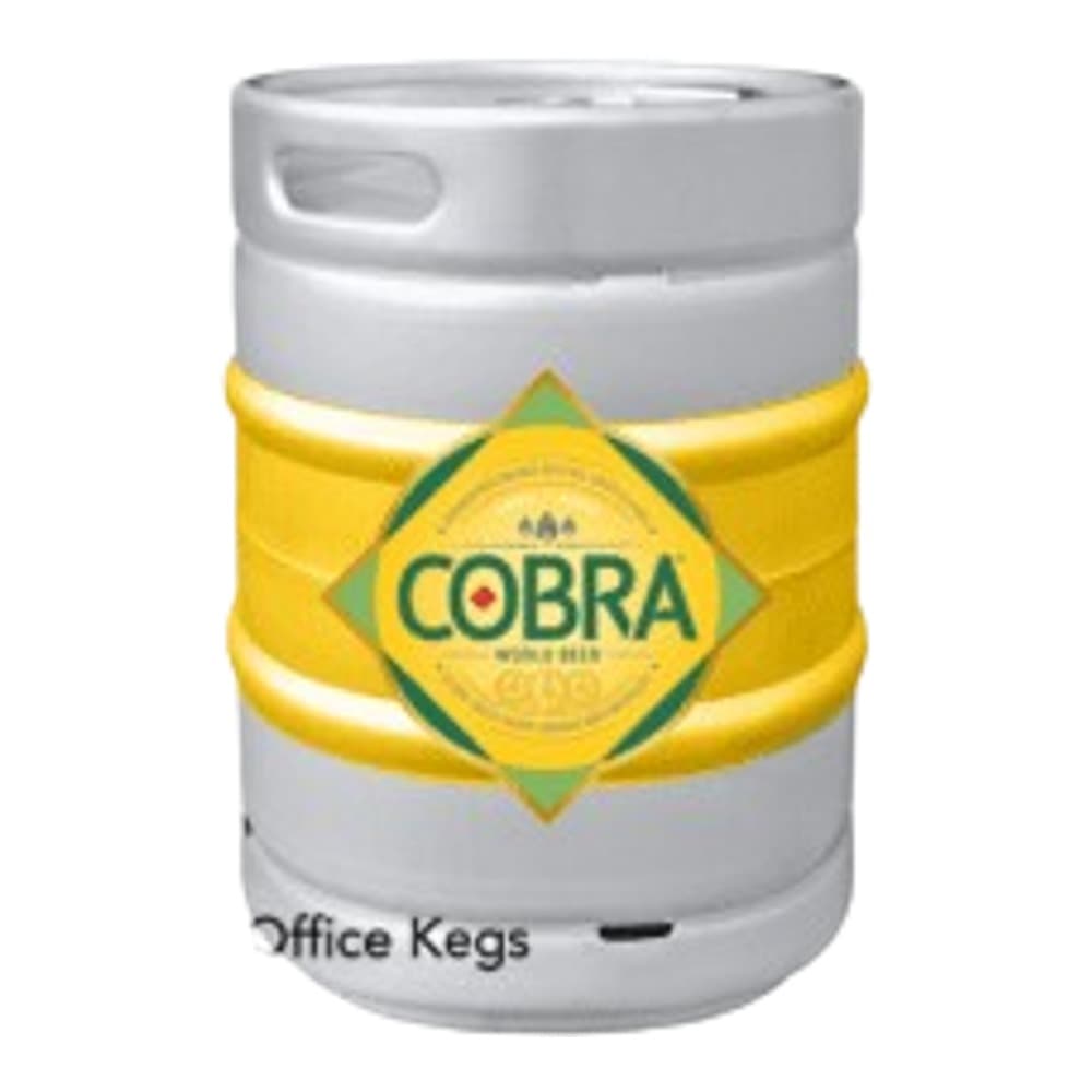 Silver metal beer keg with yellow and green Cobra beer branding label, displayed against a white background with a tap dispenser icon in the corner.