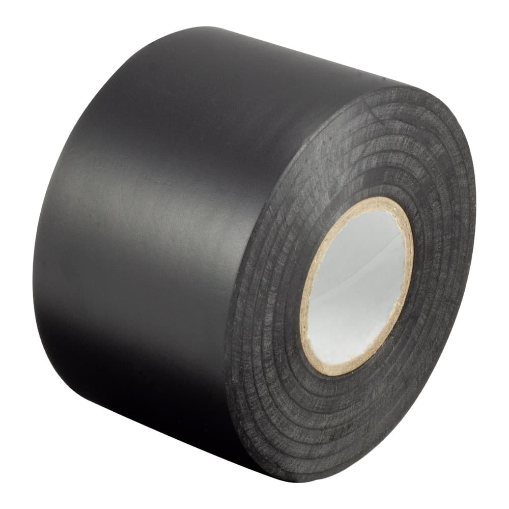 A roll of black duct tape with a tan cardboard core, photographed against a white background at an angle.