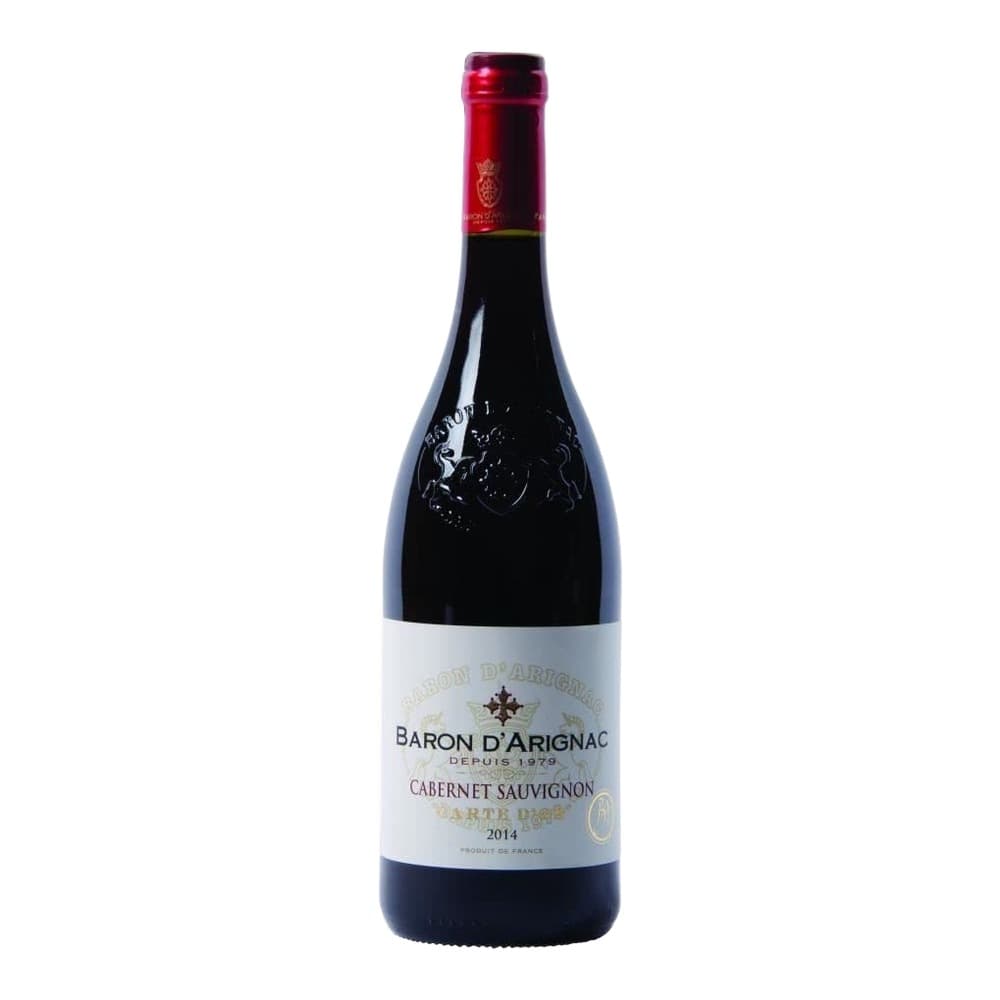 A bottle of Baron d'Arignac Cabernet Sauvignon 2014 red wine with a red foil capsule and white label, displayed against a white background.