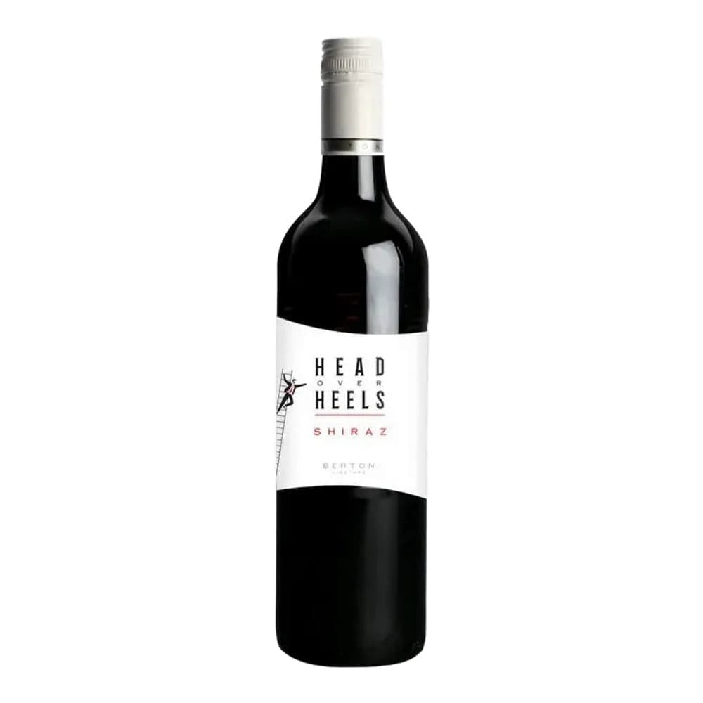 A bottle of Head Over Heels Shiraz wine with white label on a plain white background