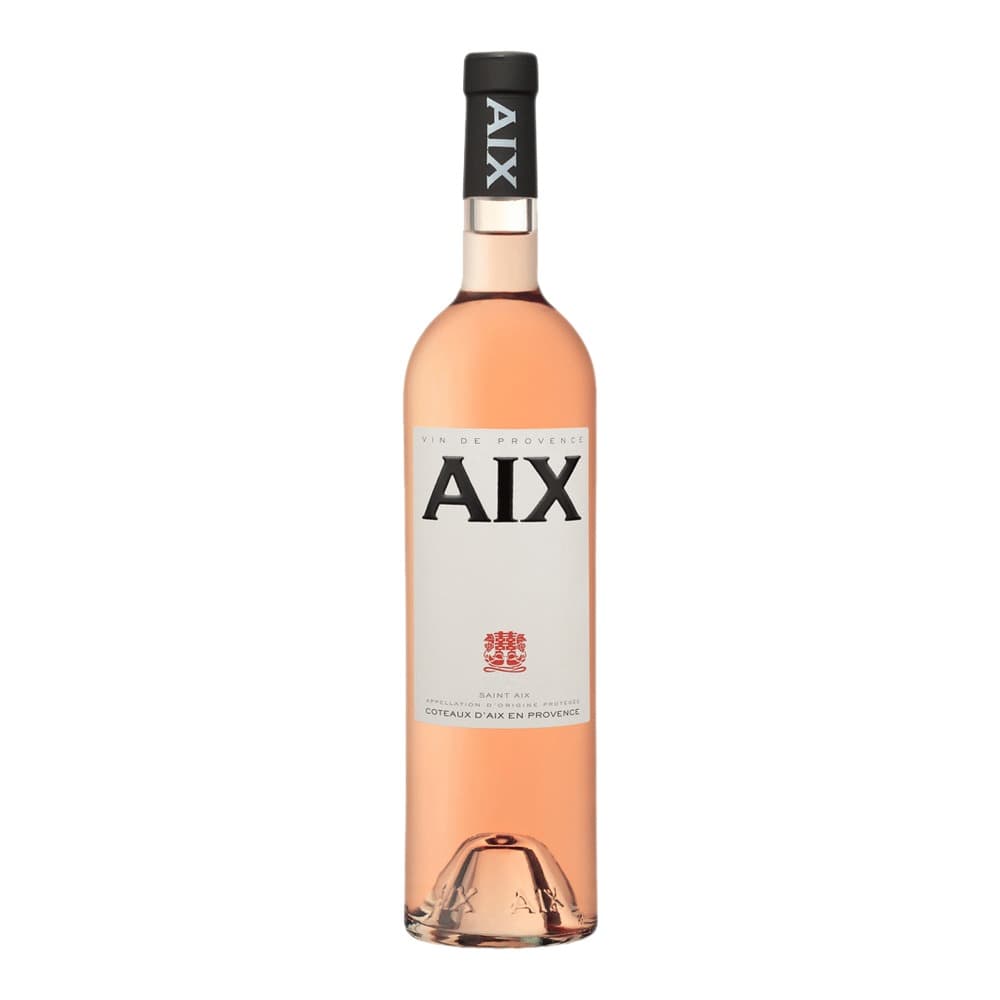 A bottle of AIX rosé wine from Provence, featuring a pale pink liquid and a black capsule, displayed against a plain white background.