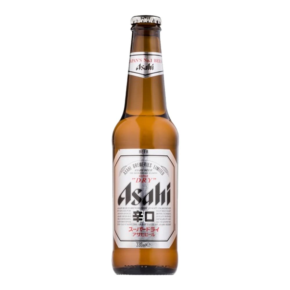 A bottle of Asahi Super Dry beer with a white and red label on a plain white background.