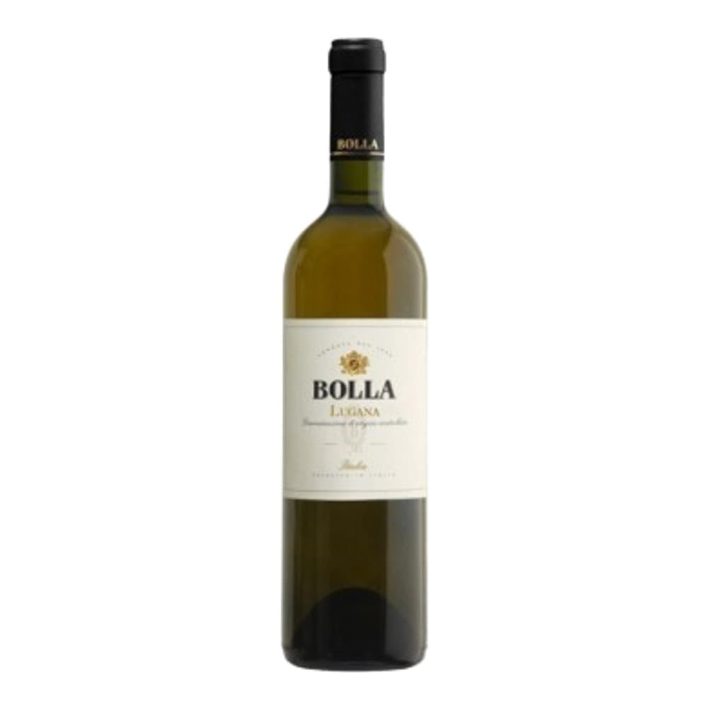 A bottle of Bolla white wine with a white label and black cap, photographed against a white background.