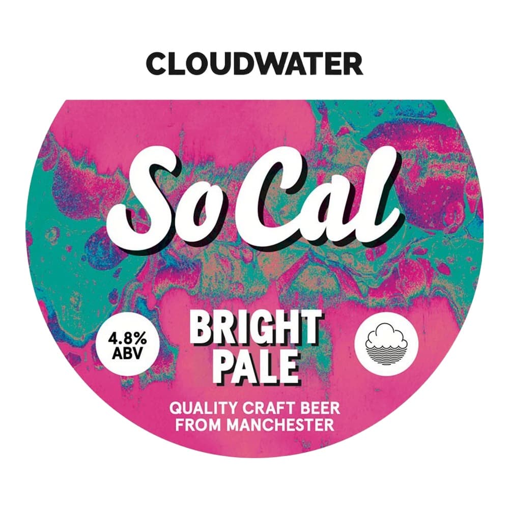 Beer can label for Cloudwater So Cal Bright Pale, a 4.8% ABV craft beer from Manchester, featuring pink and teal textured artwork with cloud logo