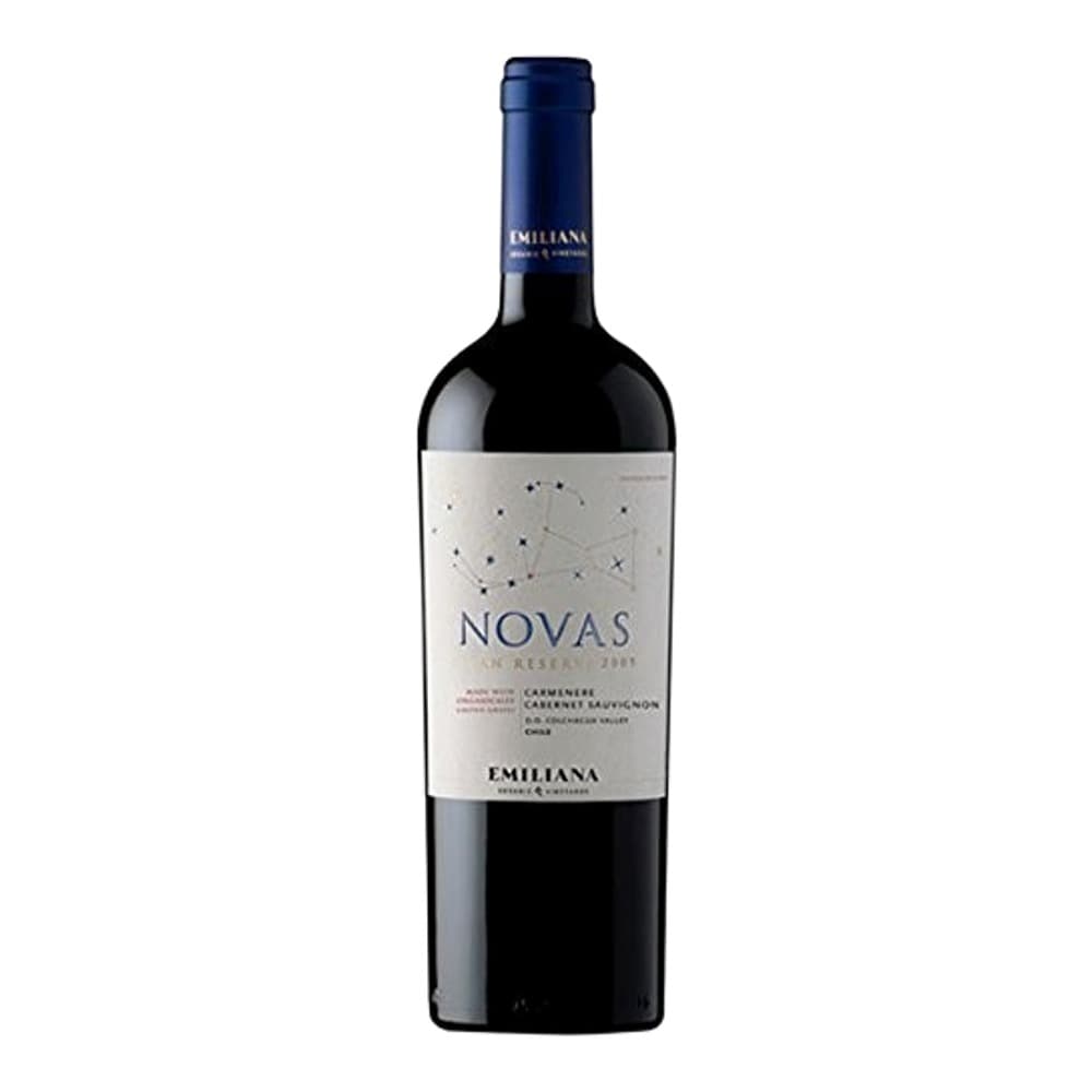 A bottle of Emiliana Novas Carmenère red wine displayed against a white background, featuring a blue foil cap and light-coloured label with constellation design.