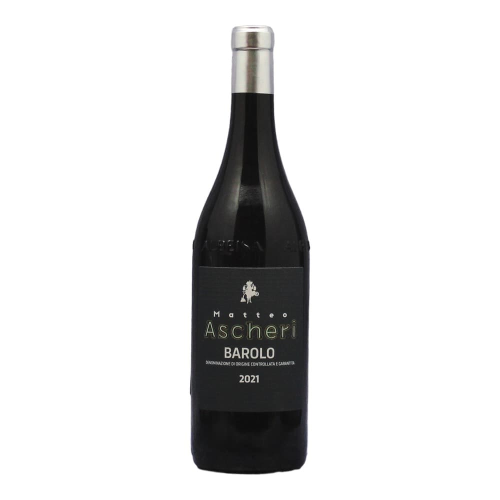 A bottle of Matteo Ascheri Barolo 2021 red wine with silver foil cap and black label displayed against a textured grey background.
