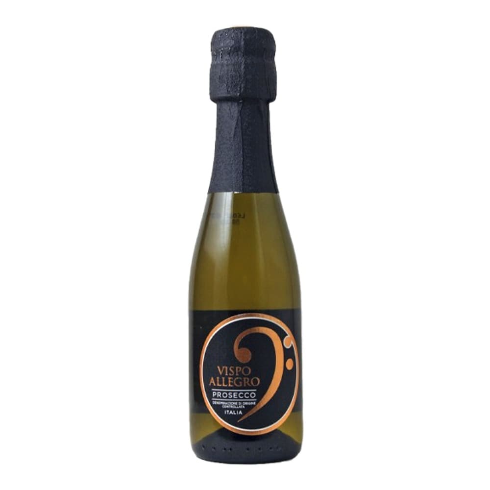 A bottle of Visco Allegro Prosecco sparkling wine with dark foil-wrapped top and black label featuring gold circular logo, photographed against a white background