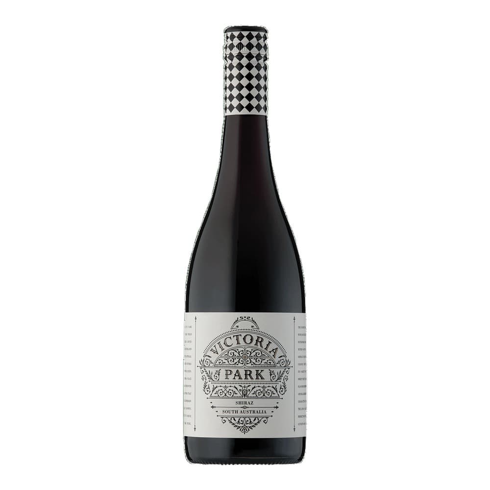 A bottle of Victoria Park Shiraz red wine from South Australia with a distinctive black and white patterned foil cap and ornate label on a white background.