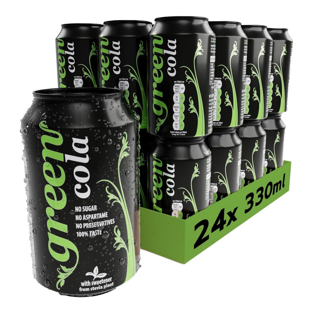 A 24-pack display box of Green Cola cans with black and green labelling, featuring one can displayed in front with condensation droplets, showing no sugar, no aspartame, and no preservatives messaging.