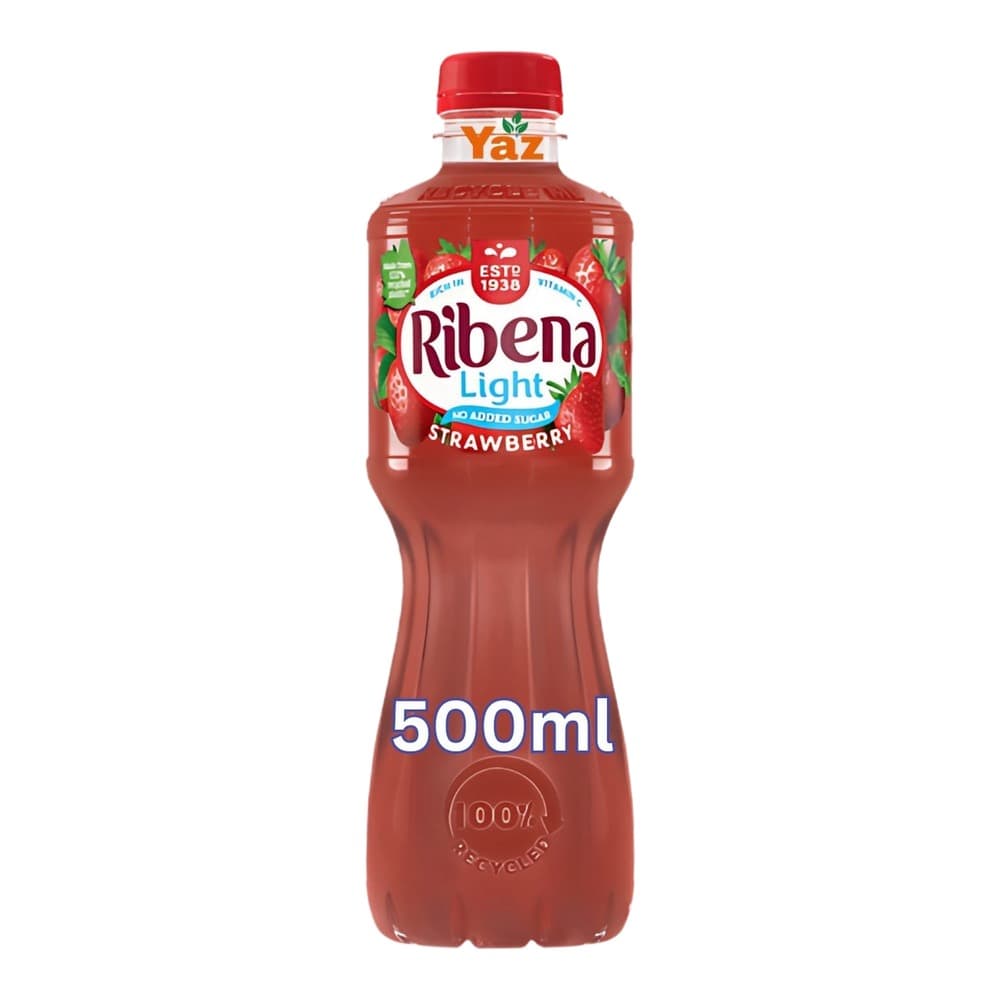 A 500ml bottle of Ribena Light Strawberry drink with a red cap and label on a white background.
