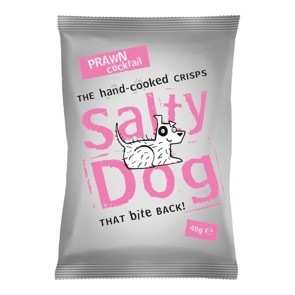 Grey packet of Salty Dog prawn cocktail flavoured hand-cooked crisps with pink branding and cartoon dog illustration, 40g weight shown
