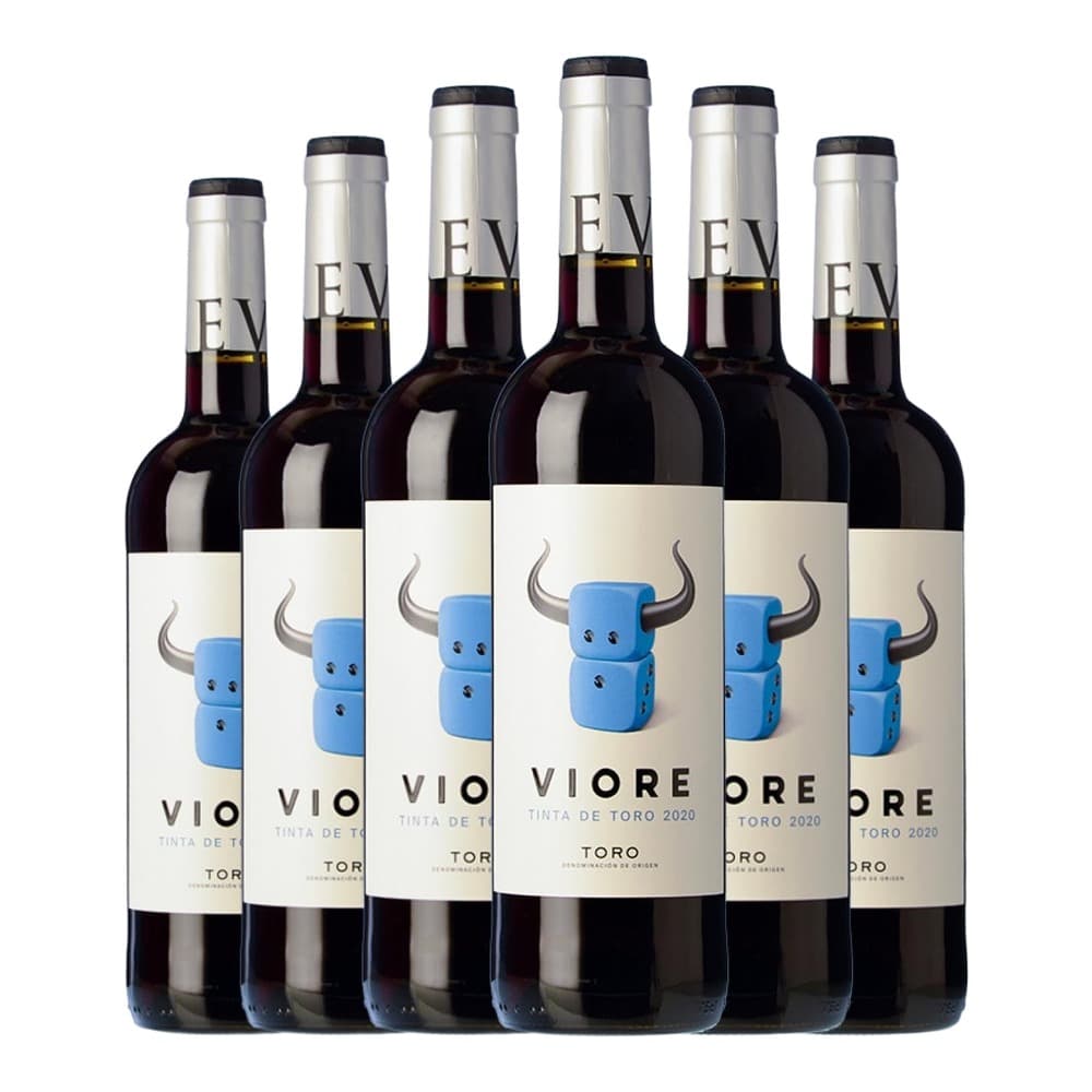 Six bottles of Viore Tinta de Toro 2020 red wine arranged in a row against a white background, each featuring a cream label with a blue bull head logo.