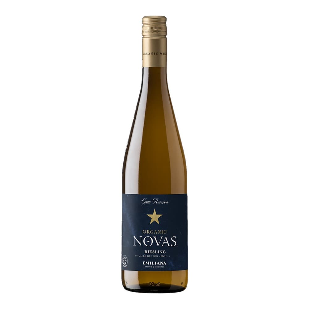 A bottle of Novas Organic Riesling wine from Emiliana, displayed against a white background with a gold foil-wrapped top and dark navy label featuring a gold star.