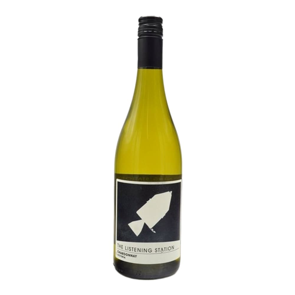 A bottle of The Listening Station Chardonnay white wine with a black label featuring a white rocket design, photographed against a plain white background.