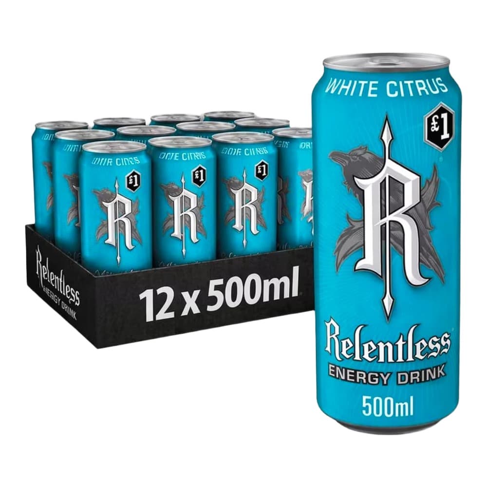 Relentless White Citrus energy drink 500ml can shown individually and in a 12-pack carton on a white background