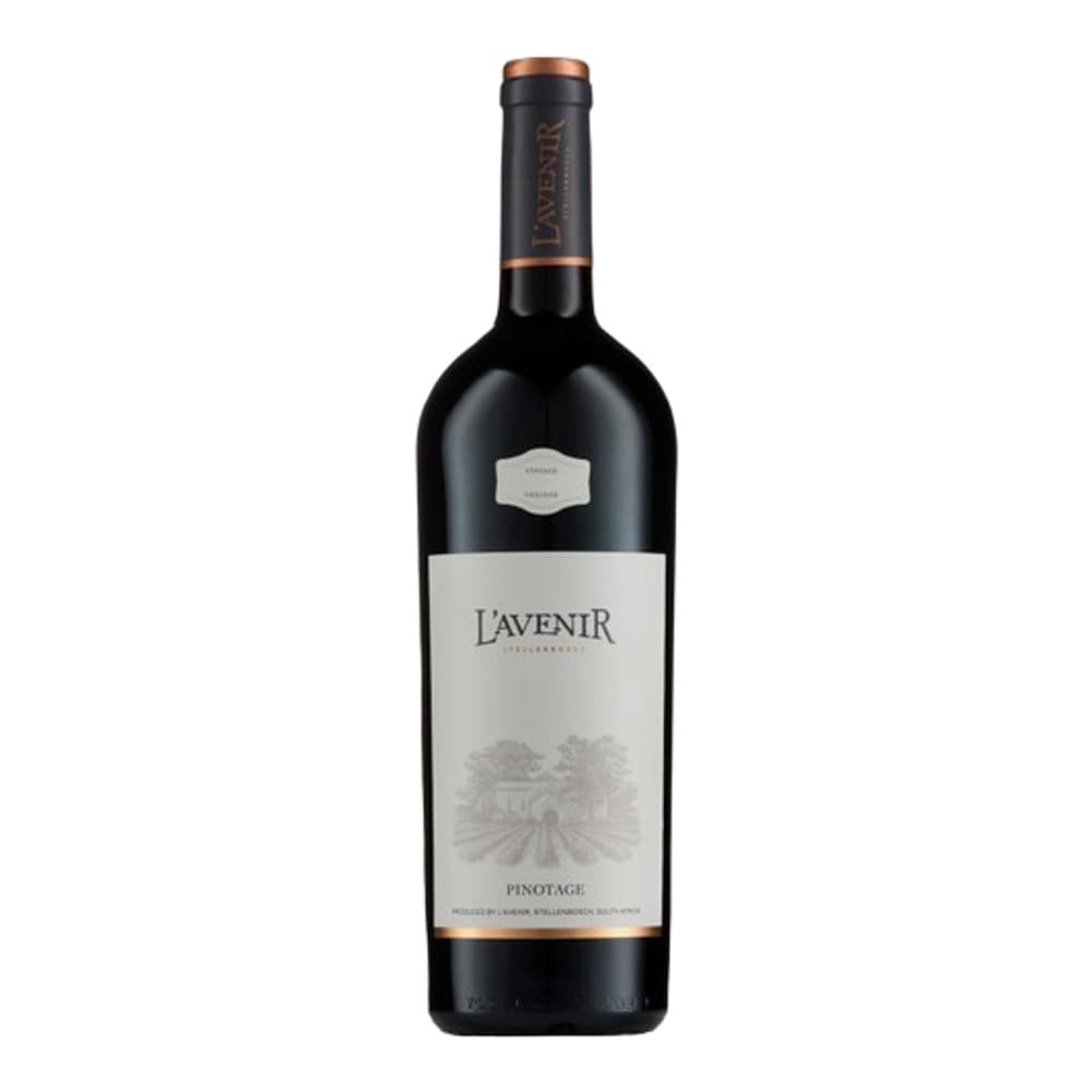 A bottle of L'Avenir Pinotage red wine with a white label and copper-coloured foil capsule, photographed against a plain white background.