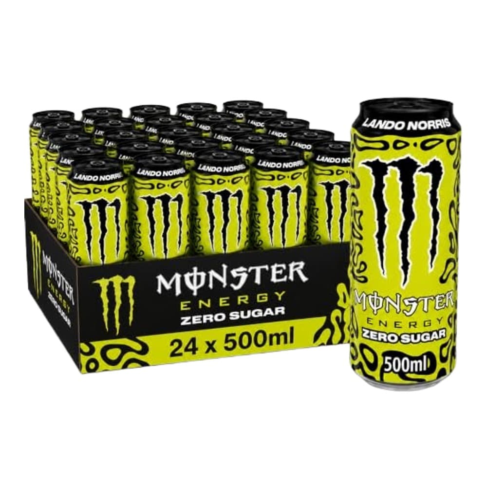 A display of 24 black and lime green Monster Energy Zero Sugar cans arranged in rows on a branded cardboard pack, featuring the iconic Monster M logo