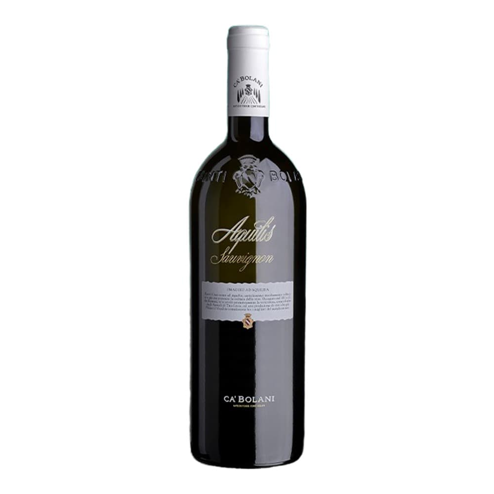 A bottle of Ca' Bolani Aquilis Sauvignon Blanc DOC wine displayed against a teal background with a scenic vineyard landscape photograph and descriptive text.