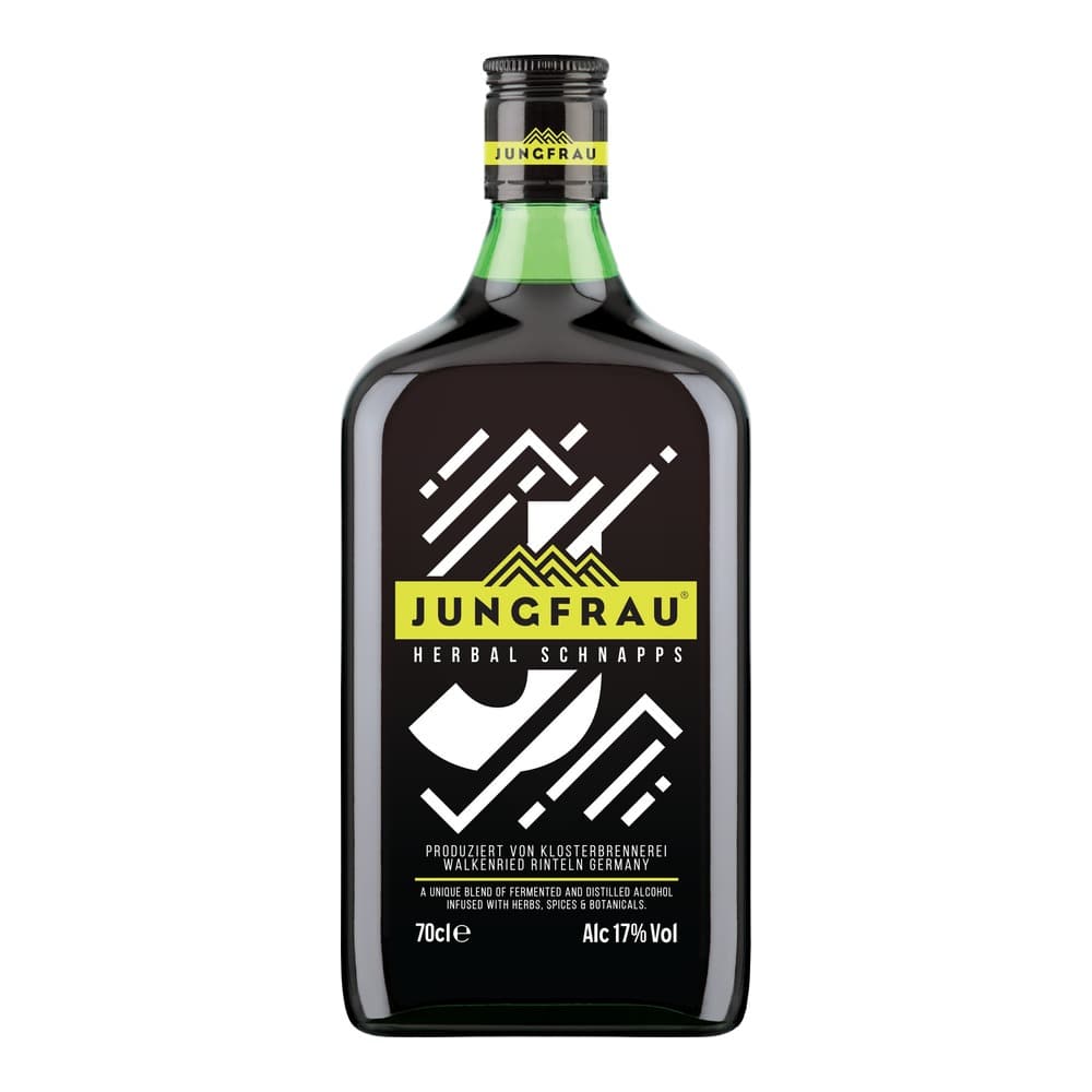 A 70cl bottle of Jungfrau Herbal Schnapps with yellow and black label on a white background