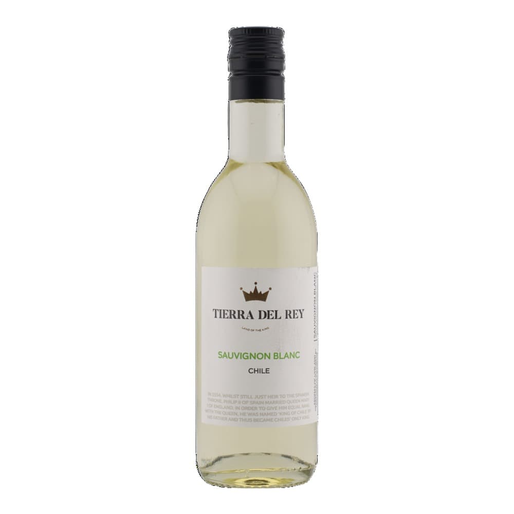 A bottle of Tierra Del Rey Sauvignon Blanc from Chile on a white background, featuring a white label with a crown logo.