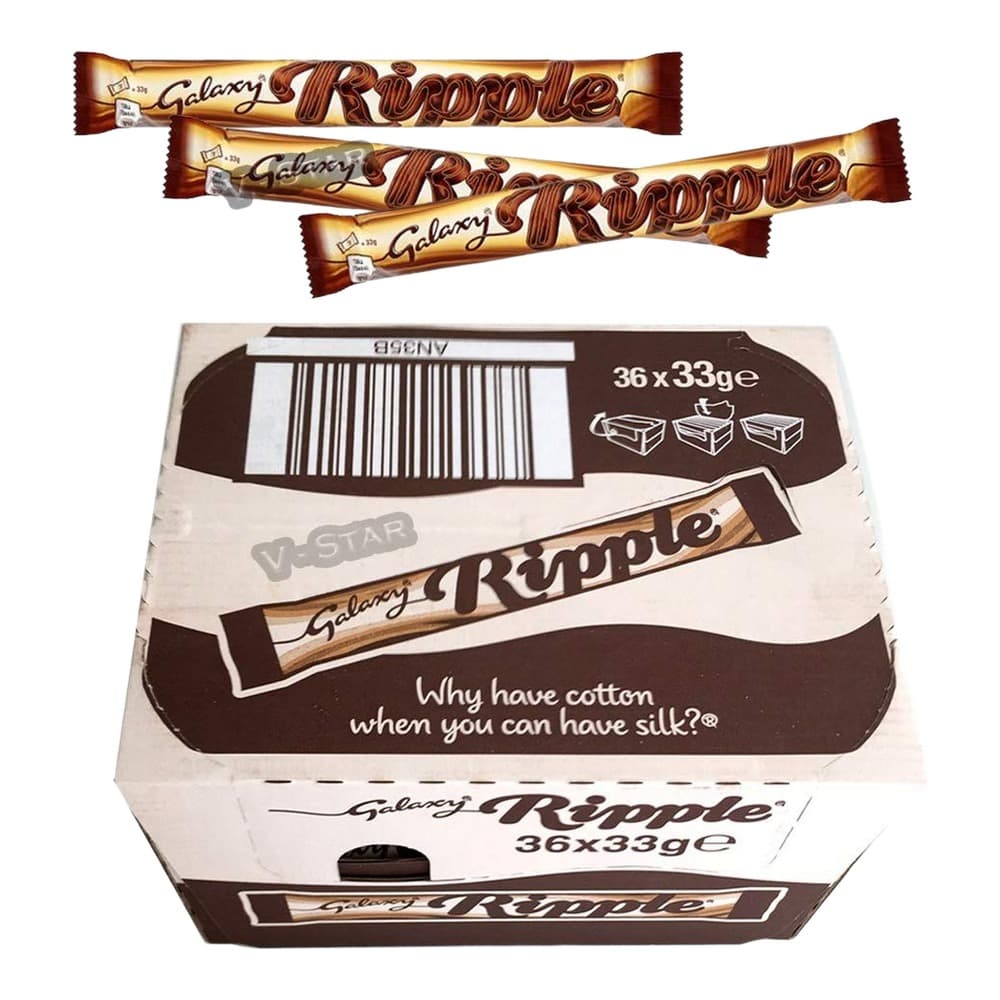 Pack shot of Galaxy Ripple chocolate bars showing three individual bars at the top and a 36x33g multipack box below on a white background