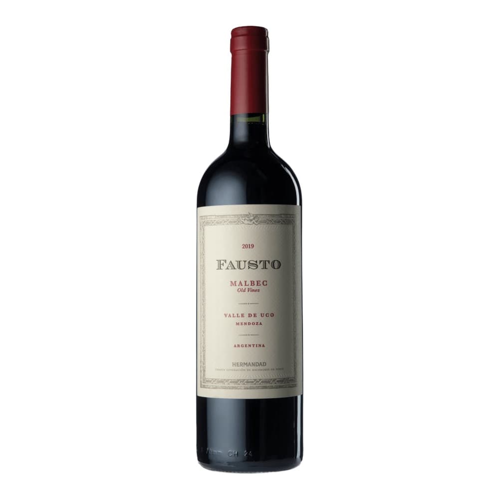 A bottle of Fausto Malbec Old Vines 2019 red wine from Valle de Ugo, Mendoza, Argentina, displayed against a white background with a burgundy capsule and cream label.