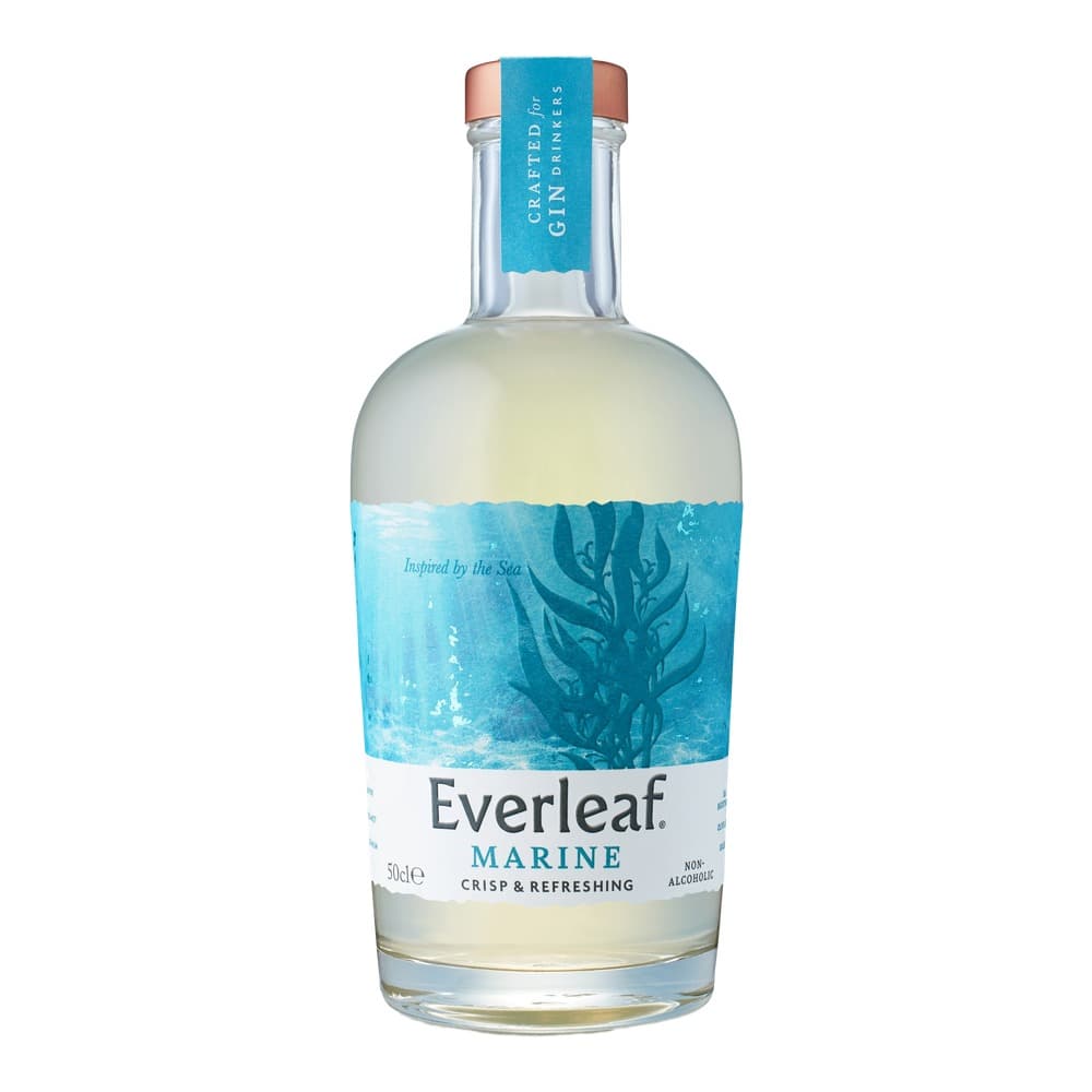 A 50cl bottle of Everleaf Marine non-alcoholic gin drinker with a pale yellow liquid, blue label featuring seaweed imagery, copper cap, and turquoise branded neck seal against a white background.