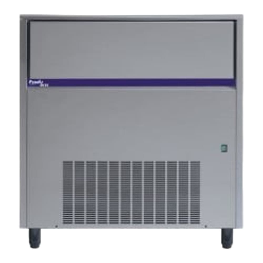 Grey undercounter commercial ice maker with purple stripe and ventilation grille, isolated on grey background