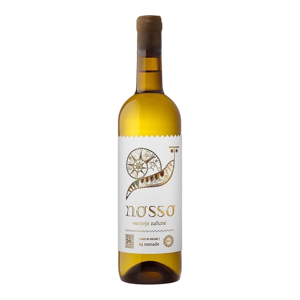 A bottle of Nosso Verdejo Natural white wine with a decorative snail illustration on a white label, photographed against a plain white background.