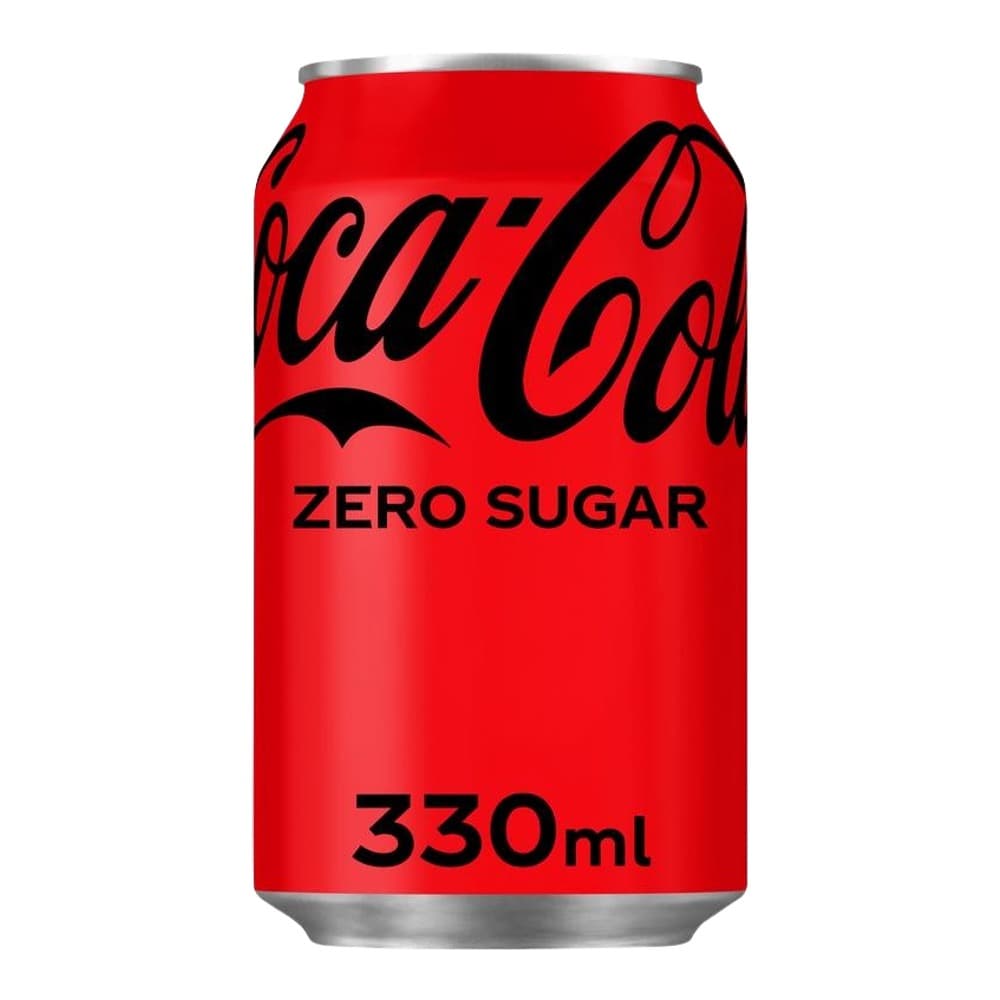 A red Coca-Cola Zero Sugar aluminium can with silver top and bottom, 330ml size, displayed against a white background.