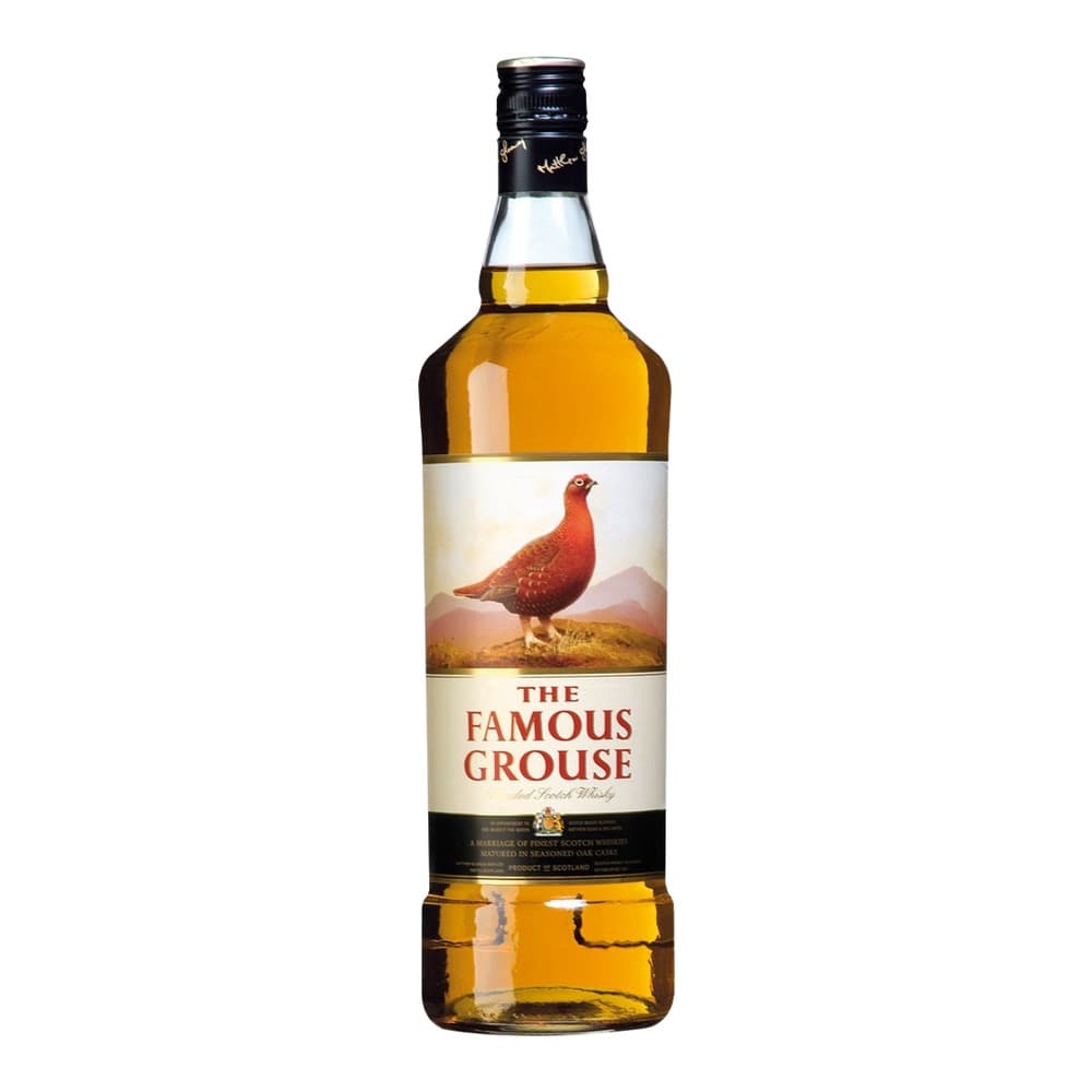 A bottle of The Famous Grouse Scottish whisky with a red grouse logo on the label, set against a white background.
