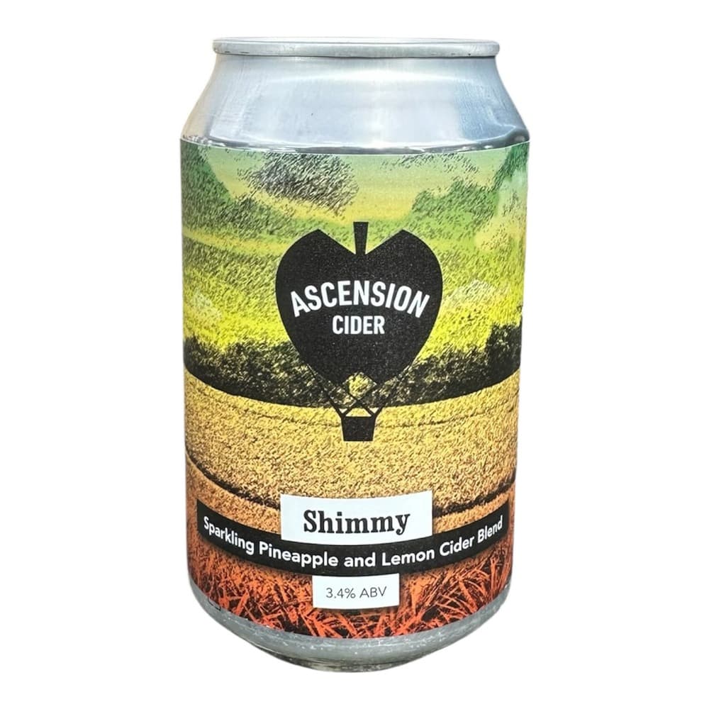 A 330ml aluminium can of Ascension Cider Shimmy, a sparkling pineapple and lemon cider blend with 3.4% ABV, displayed against a white background.