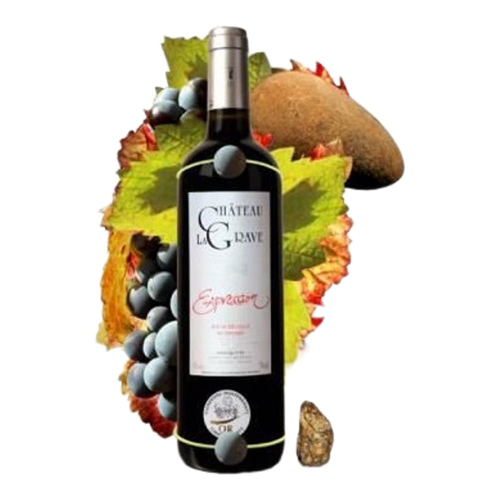 A bottle of Château Gaud Signature red wine displayed on a white background, surrounded by autumn vineyard elements including grapes, colourful vine leaves, and a pear.
