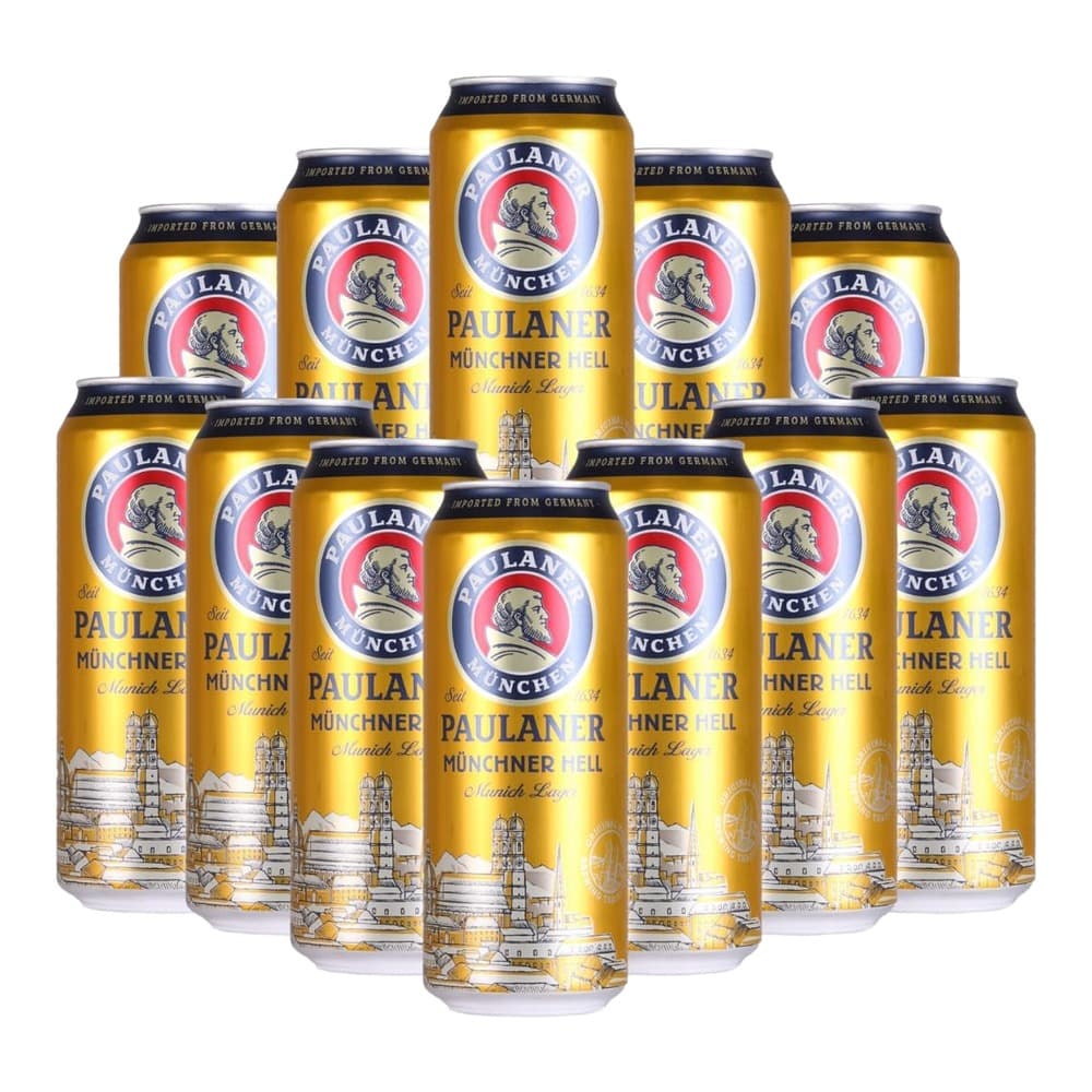 Multiple golden Paulaner Münchner Hell beer cans arranged on a white background, each featuring the brand's distinctive red and blue circular logo with a bearded man's portrait.