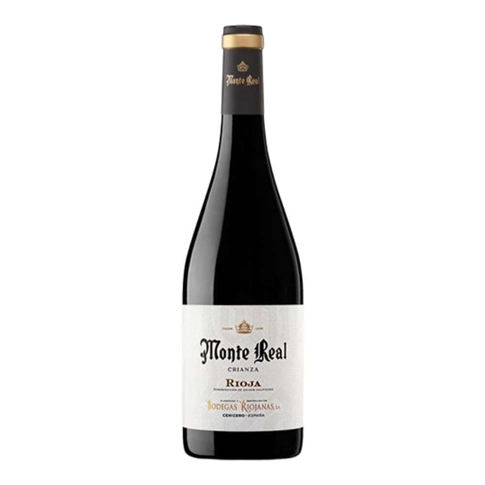 A bottle of Monte Real Rioja Crianza red wine against a plain white background, featuring a black top and white label with gold accents.