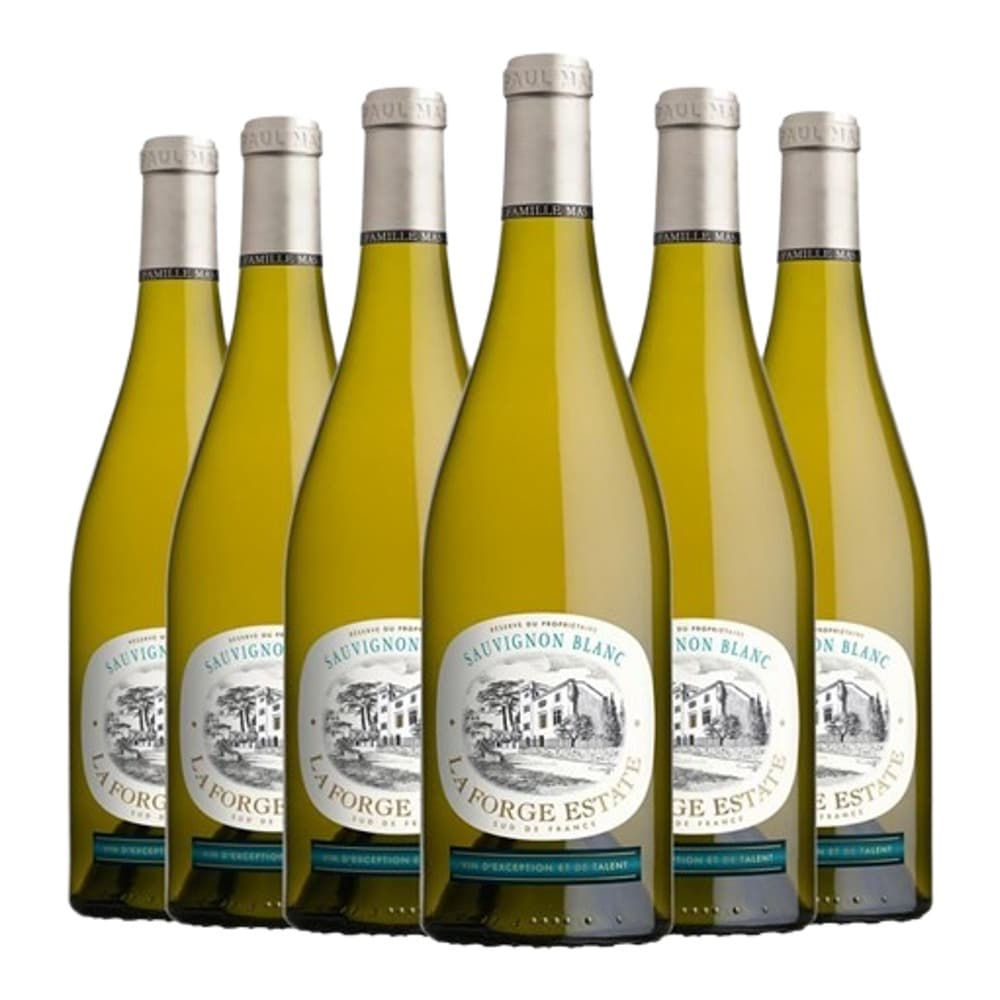 Six bottles of Sauvignon Blanc white wine with silver caps and yellow-green liquid arranged in a row against a white background.