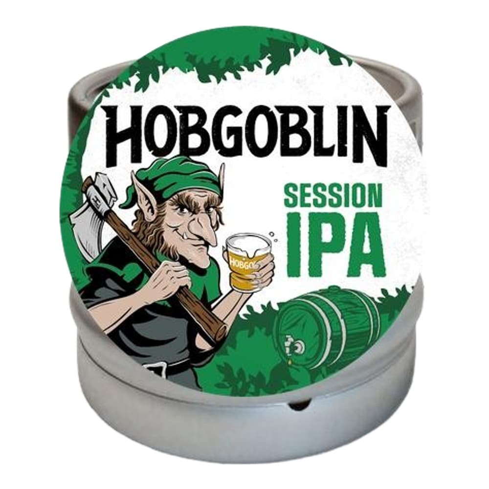Hobgoblin Session IPA beer keg featuring a goblin character holding an axe and beer mug on a green and white label with a metal tap base.
