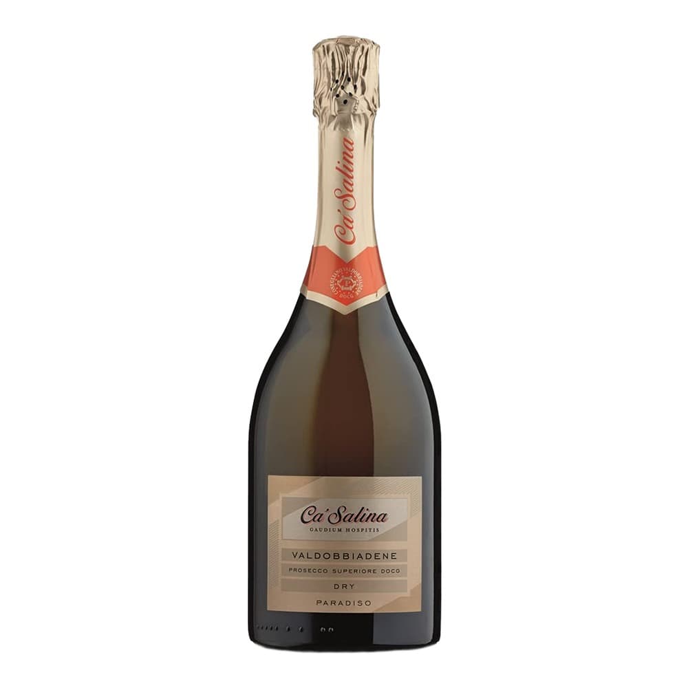 A bottle of Ca'Salina Valdobbiadene Prosecco Superiore Doco dry sparkling wine against a white background with gold foil wrapping around the cork.
