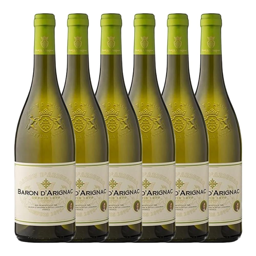 Six bottles of Baron d'Arignac white wine arranged in a row on a white background