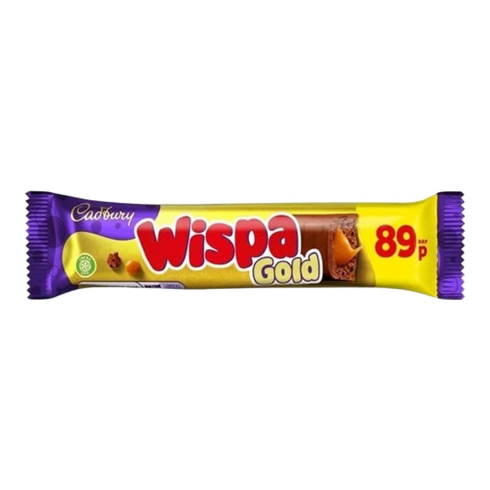 Cadbury Wispa Gold chocolate bar with purple and yellow packaging displayed against a white background