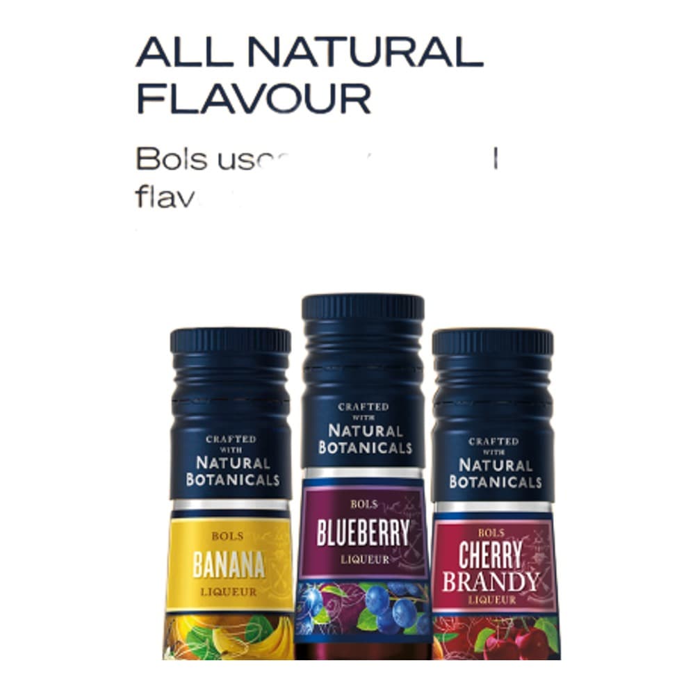 Three bottles of Bols Crafted Natural Botanicals liqueurs in banana, blueberry, and cherry brandy flavours displayed against a golden yellow background with product messaging.